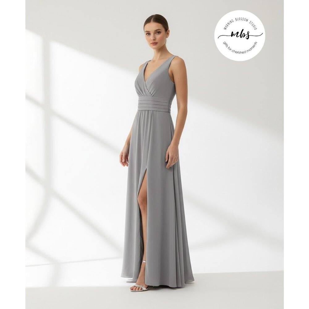 Azazie Chiffon‎ V-Neck Bridesmaid Gown Pleated Slit Formal Dress Gray Women 6